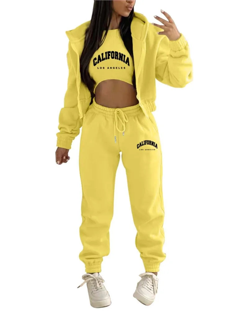 Autumn And Winter New Fleece Hoodie Letter Print Hooded Women's Suit Fashion Loose Casual Sports Pants Female 3 Piece Set 2024