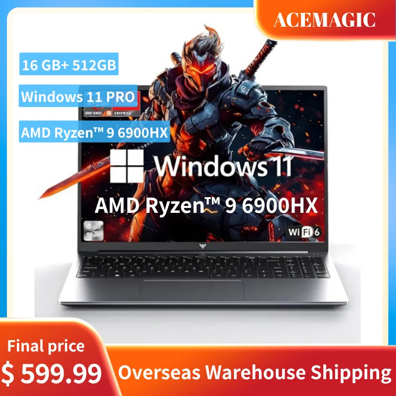 ACEMAGIC AMD Ryzen 9 6900HX Laptop 16 Inch FHD Display 16GB LPDDR5 RAM 512GB SSD Gaming Notebook Backlit Keyboard Windows 11 Pro
