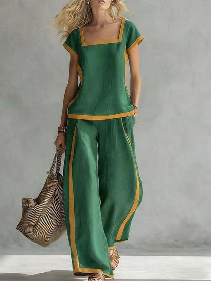 Fashion Square-neck Short-sleeved Wide-leg Trousers Women 2piece Summer New Casual Retro Pocket Trousers Female Office Suit 2026