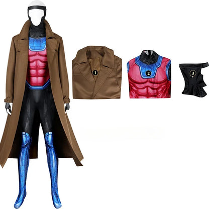 X Gambit Remy Cosplay Costume Man Battle Suit Leather Long Trench Jumpsuit Mask Set Superhero Halloween Carnival Outfits