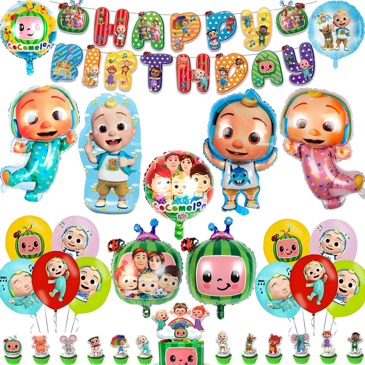 Cocomelon Balloon JJ Melon Watermelon Toy Happy Birthday Banner Party Decoration Backdrop Cake Topper JOJO Disposable Tableware
