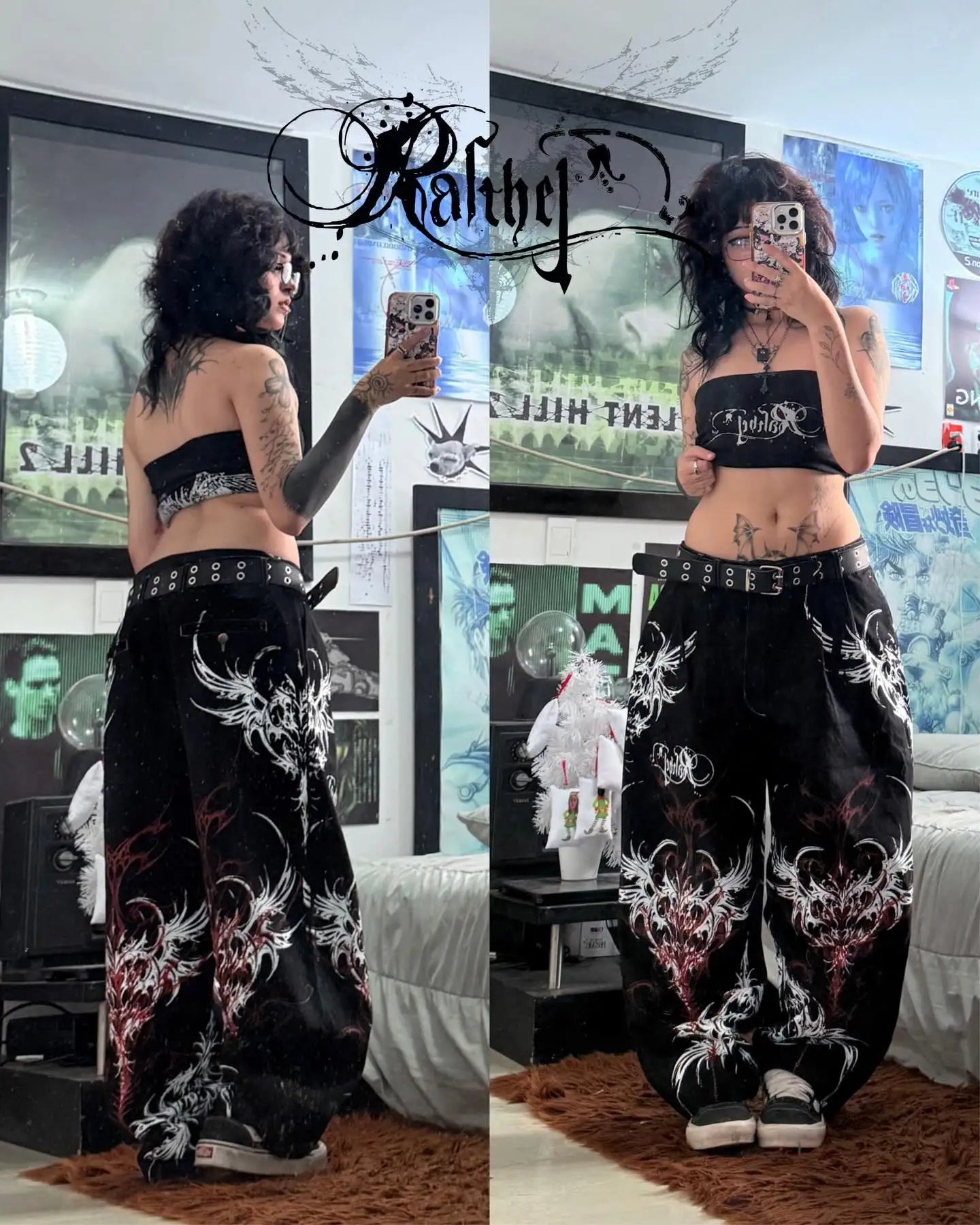 Y2K Gothic Punk Baggy Pants Women Red White Tribal Flame Print Wide Leg Trousers Vintage Grunge Streetwear Alt Clothing