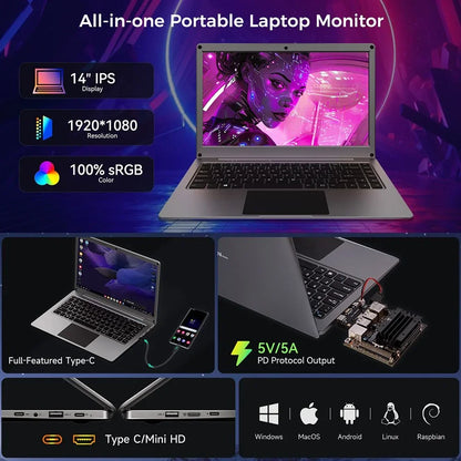 CrowView Note 14inch All-in-One Portable Monitor, Phone-to-Laptop Device SBCs/Mini PC/PC/Game Console - English Keyboard
