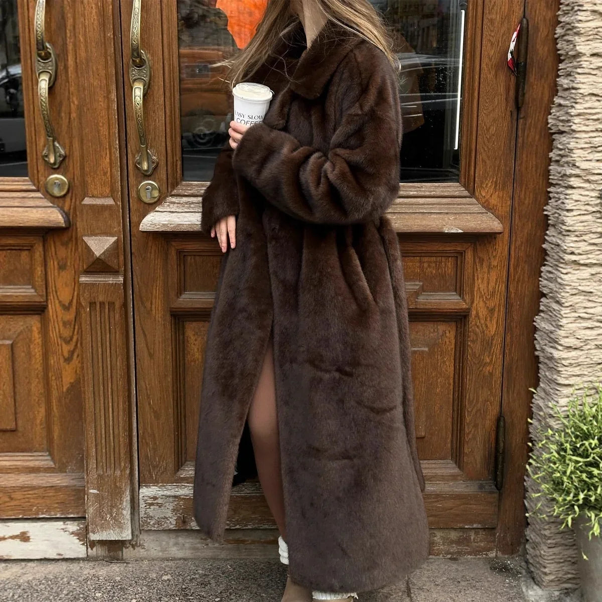 Women Elegant Solid Color Faux Fur Long Coat Notched Collar Belted Waist Loose Oversized Warm Winter Street Thick Outerwears New