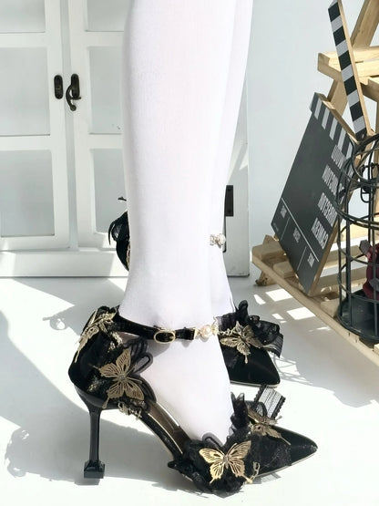 Ladies Gothic Lolita High Heels Handmade Black&Gold Pointed Toe Slip-On with Lace 5-8cm Stiletto Heel cute shoes  wedding shoes