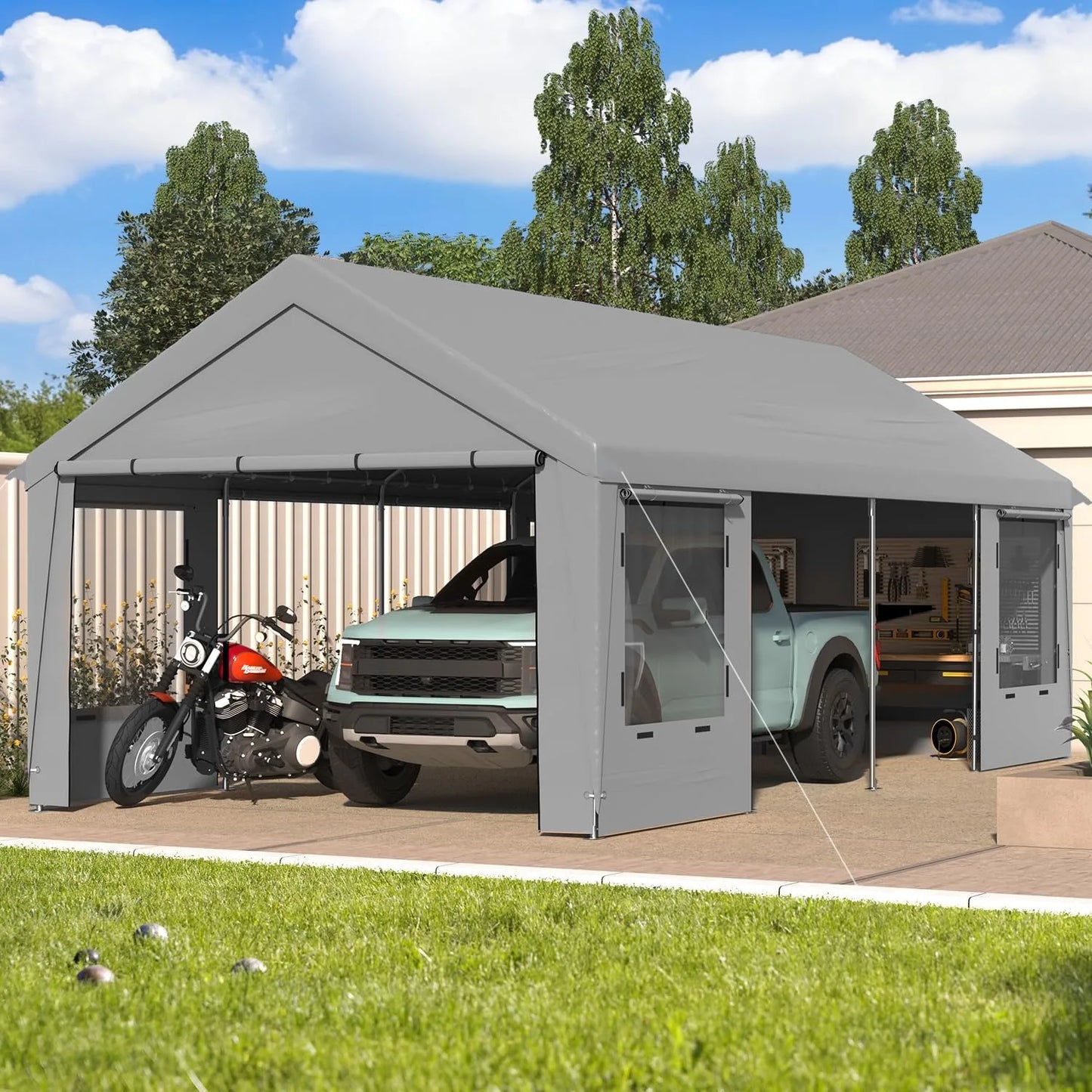 Heavy Duty Carport,Roll-Up Windows,Removable Sidewalls,Portable Garage & Car Canopy,12'x24', Custom