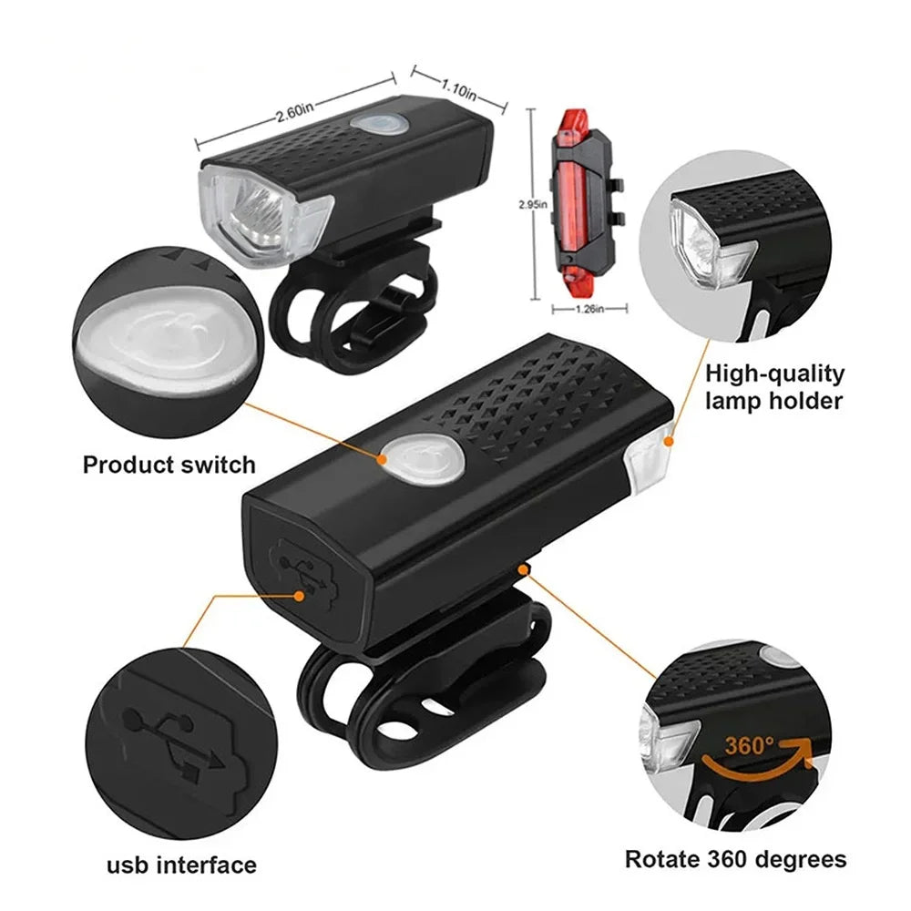 Bike Light Set Bicycle Headlight Taillight USB Rechargeable MTB Bike Front Rear Lamp Set Cycling Flashlight Bicycle Accessories