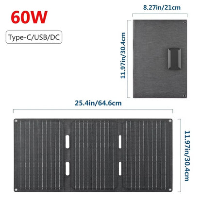 60W Foldable Solar Panel 3-Fold USB Type-C Folding Bag Power Charger For Phone Outdoor Hiking Camping Mobile Power Supplies