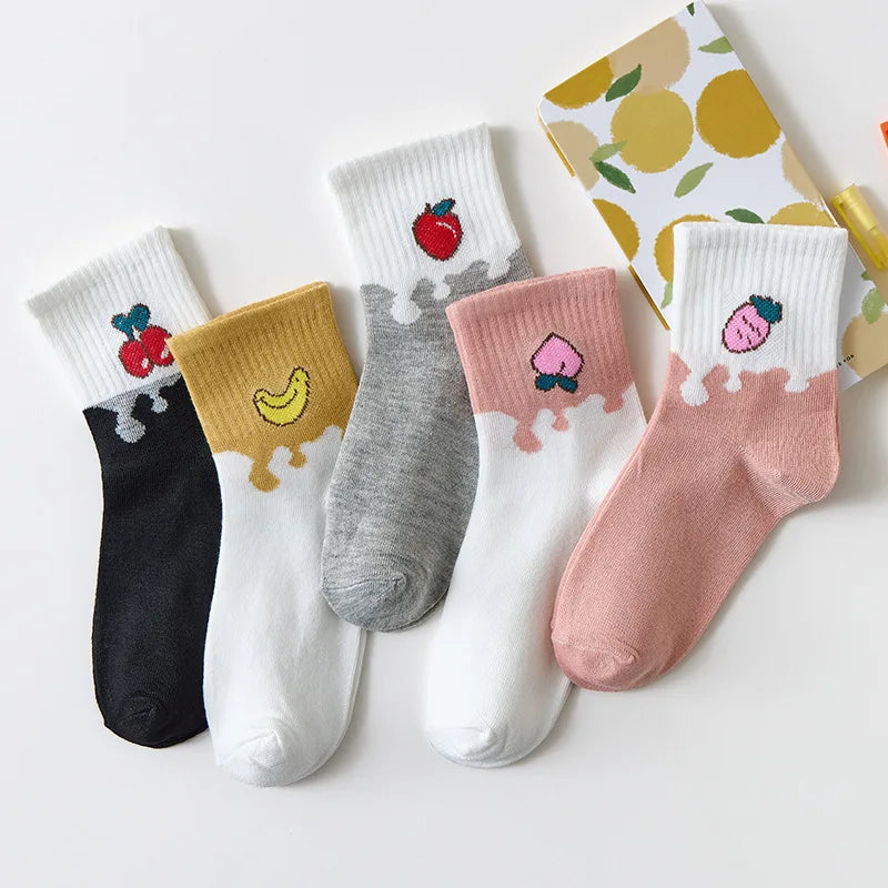 5 Pairs Women Fruit Print Socks Set Cute Casual Korean Fashion Kawaii Japanese Style Pumpkin Strawberry Banana Peach Avocado Sox