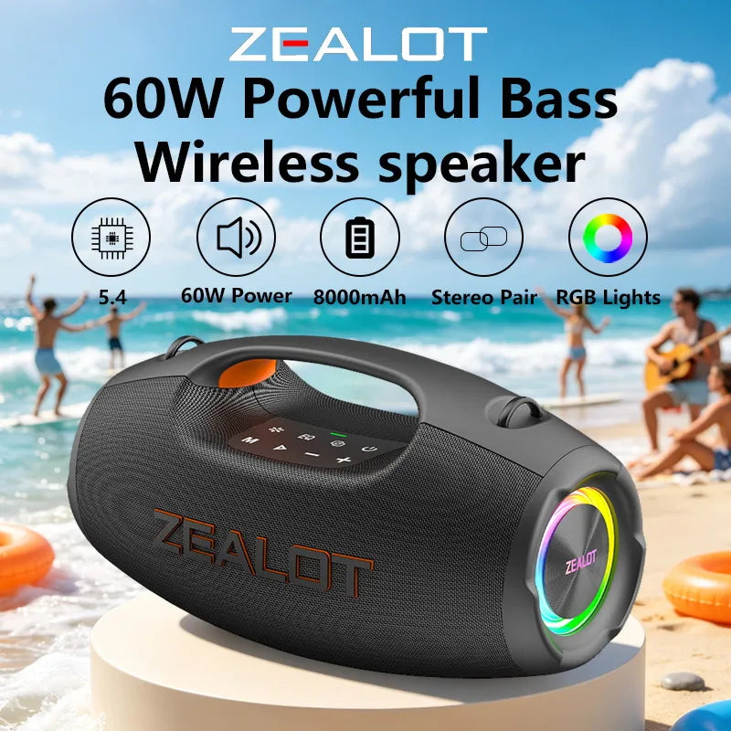 ZEALOT-S86 60W Portable Wireless Speaker with 8000mAh Battery, 360° Surround Sound, RGB Lights, Outdoor Camping Speaker, Waterproof Speaker for the Beach