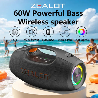 ZEALOT-S86 60W Portable Wireless Speaker with 8000mAh Battery, 360° Surround Sound, RGB Lights, Outdoor Camping Speaker, Waterproof Speaker for the Beach
