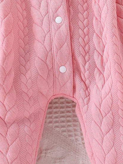 Pink Thickened One-Piece Romper for Baby Girls, with Cable Knit Quilted Fabric, Doll Collar with Hollow Lace, Double Bow, Snap Buttons on the Front and Crotch, Warm and Cute