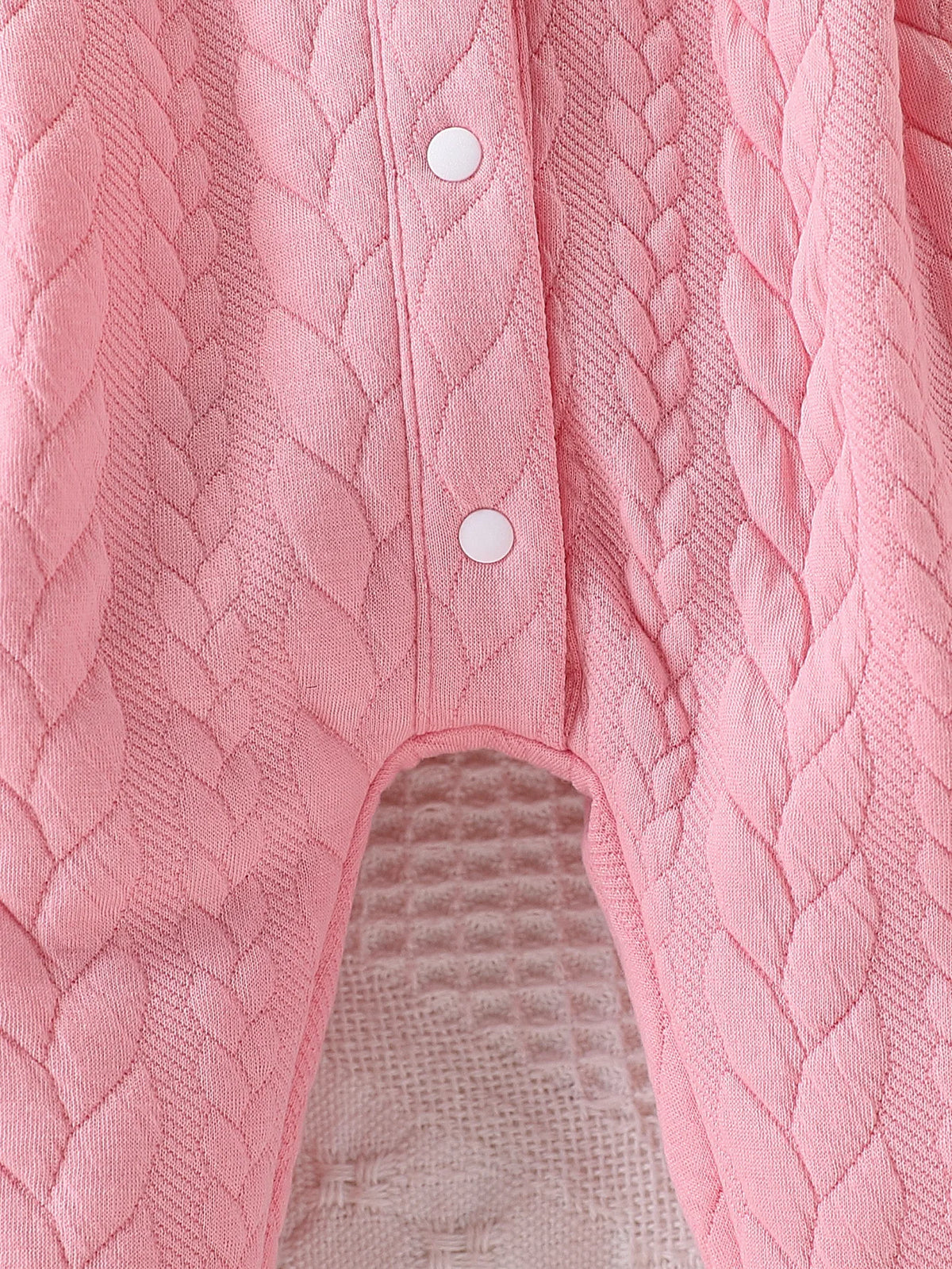 Pink Thickened One-Piece Romper for Baby Girls, with Cable Knit Quilted Fabric, Doll Collar with Hollow Lace, Double Bow, Snap Buttons on the Front and Crotch, Warm and Cute