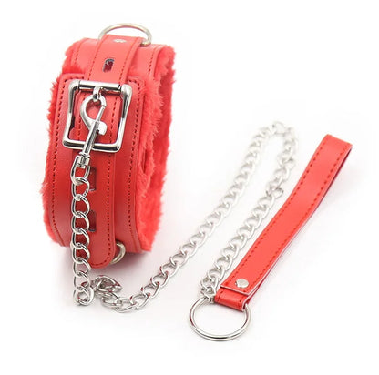Adult sexy chain red leather thick plush collar dog chain ladies with sm bound collar toys.