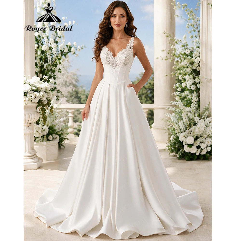 Roycebridal Elegant Sweetheart Lace A Line Wedding Dresses 2027 Flowers Lace Satin Beach Bridal Gown Customized vestido de novia