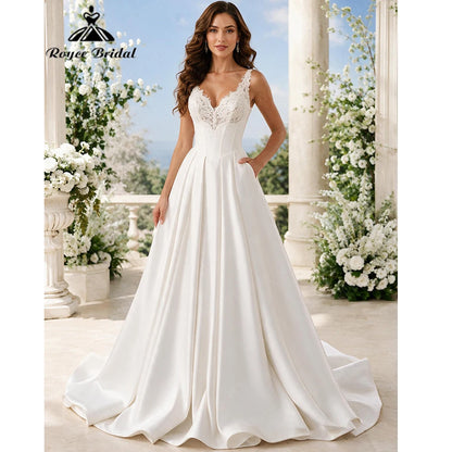 Roycebridal Elegant Sweetheart Lace A Line Wedding Dresses 2027 Flowers Lace Satin Beach Bridal Gown Customized vestido de novia