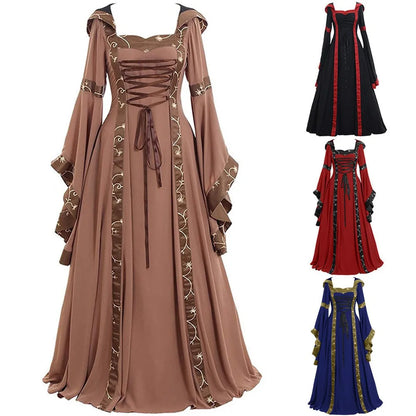 Women Medieval Floor Length Dress Cosplay Costumes Long Bell Sleeve Lace-Up Princess Long Dress Retro Gothic Dress Plus Size 5XL