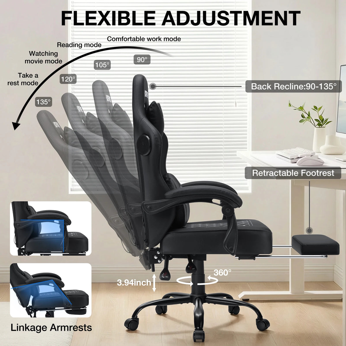 400lbs Gaming Chair with Speakers Massage Computer Gaming Chairs for Adults Reclining bluetooth Gamer Chair with Footrest