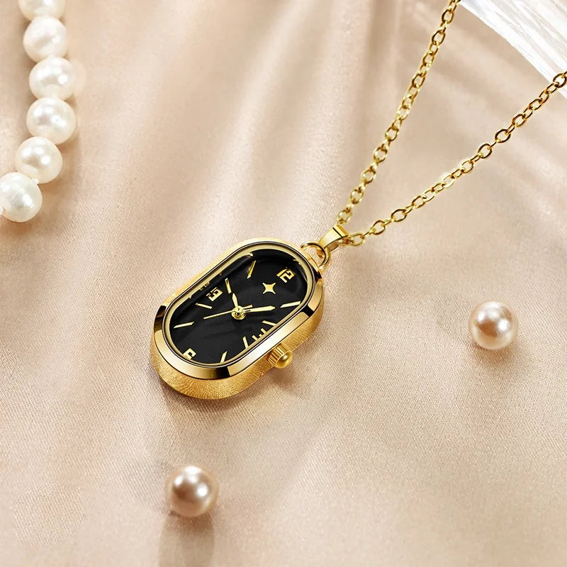 Women's Pendant Watch Oval Necklace Elegant Quartz Pocket Watch Fashion Jewelry Luxurious and Compact Valentine's Day Gift