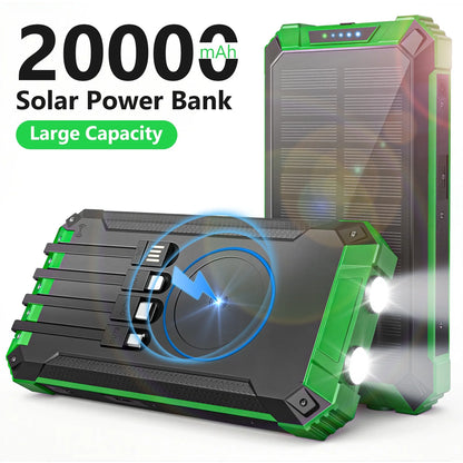 20000mAh Portable Solar Power Bank Dual LED Lights 4 Built-in Cables Fast Charging for iPhone Android Phones AirPods