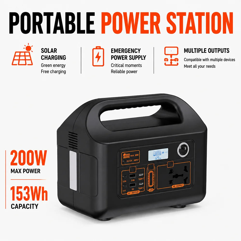 200W Portable Power Station Power Generator 110V 220V LED Light Emergency Solar Power Bank for Outdoor Camping Travel