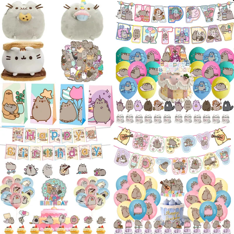 The Pusheen Cat Balloons Birthday Decoration Party Supplies Cartoon Grey Pet Fat Cat Theme Banner Backdrop Cake Topper Sticker