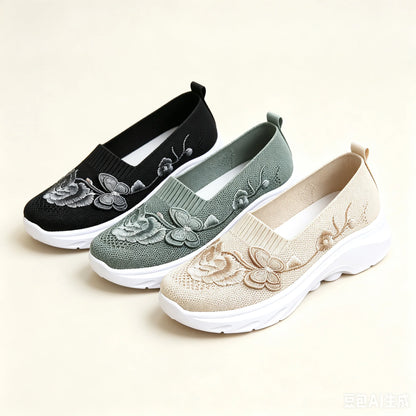 2026 Summer Women Breathable Knit Floral Embroidery Platform Loafers Slip On Walking Shoes Lightweight Soft Cushion Insole Anti Slip Wedge Sole Comfort Casual Daily Outdoor Travel Nurse Footwear Black Khaki Green Multiple Siz