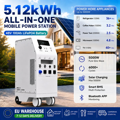48V 100Ah LiFePO4 Battery 5.12kWh 5000W Pure Sine Wave Inverter, 3 EU AC Outlets, All-in-One Power Station for Home RV Solar Use
