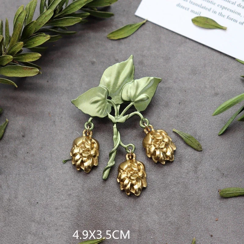 Creative Handmade Exquisite Green Plant Brooch Corsage Woman Retro Pearl Brooches Coat Accessories Jewelry