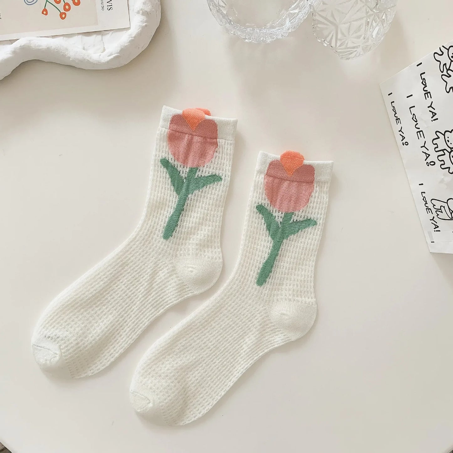 Transparent Crystal Silk Socks Women Fashion Ultra-thin Summer Harajuku Crew Socks Flower Streetwear Elastic Long Mesh Socks