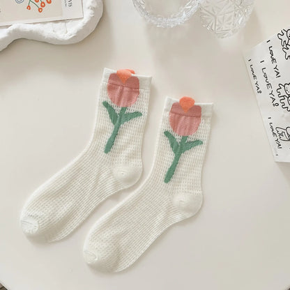 Transparent Crystal Silk Socks Women Fashion Ultra-thin Summer Harajuku Crew Socks Flower Streetwear Elastic Long Mesh Socks