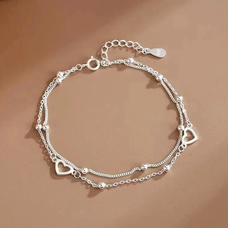 925 Sterling Silver Hollow Heart Bracelets for Women Girls Vintage
