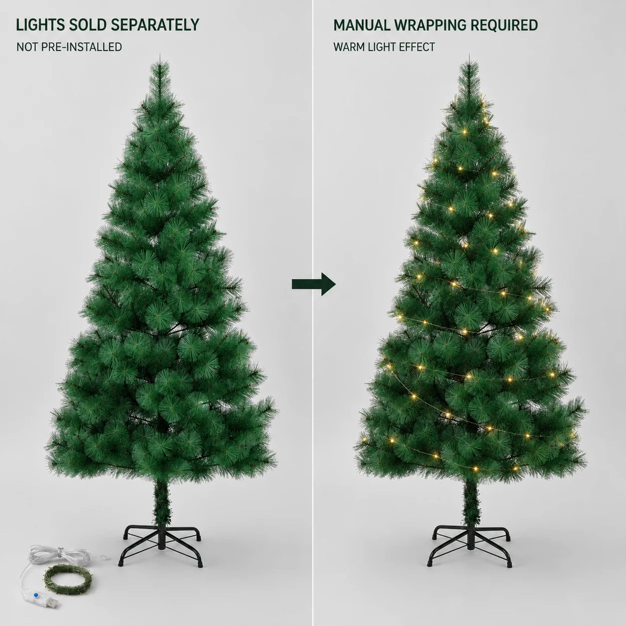 Artificial Christmas Tree 120-210cm PET Pine Needle Xmas Tree Optional USB Warm White Cool White Multicolor Lights Metal Stand
