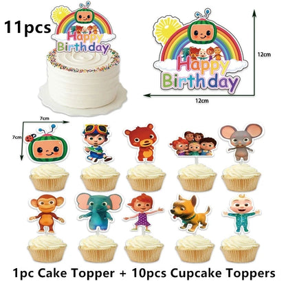 Cocomelon Balloon JJ Melon Watermelon Toy Happy Birthday Banner Party Decoration Backdrop Cake Topper JOJO Disposable Tableware