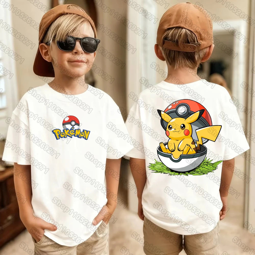 Pokemons Pikachu Cartoon Kids Printed T-Shirts Boys Girls Casual Short Sleeves Tops Children's Harajuku Fashion Tee Clothing