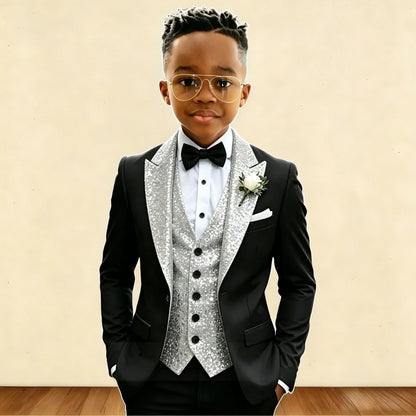 Black And Gold Sequin Boy's Suit Attire Peaked Lapel Children Wedding Party Tuxedos 3 Pieces Sets costume garçon cérémonie 2026