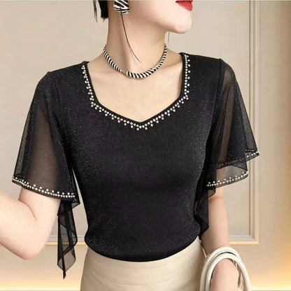 2026 Summer New Diamond Shirt Short sleeved Mesh Tops Slim Korean Fashion Bright Silk Women T Shirt