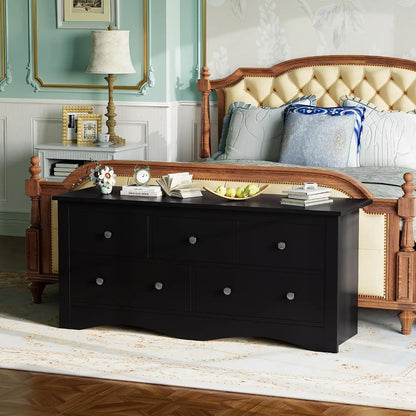 5 Dresser for Bedroom,TV Stand for Living Room, Black| 52" Wood Dresser, Chest of Drawers, for TV up to 65 inch,15.7Dx52Wx23.2H