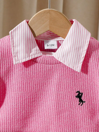 Two-piece baby girl embroidered vest and striped long-sleeved shirt dress for daily casual wear, versatile for spring and summer