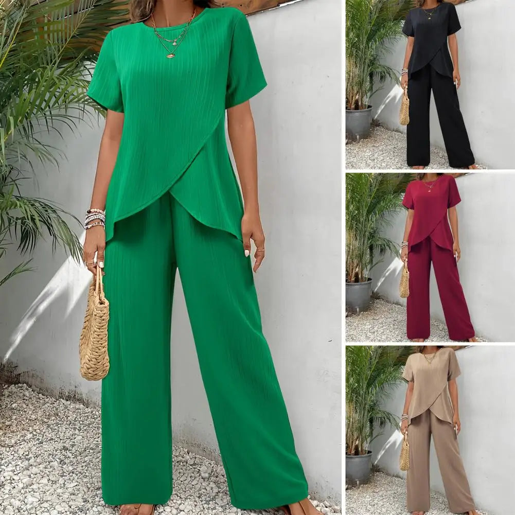 New Fashion Elegant Office Ladies Set Casual Set With Irregular Short Sleeve Blouses Loose Long Pants Two Piece Outfit Women's