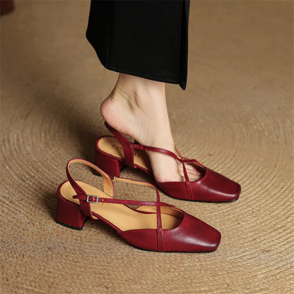 New Genuine Leather Summer Sandals Women Shoes Square Toe Sandals for Women Fashion Versatile Cover Toe Mid Heels Sandals
