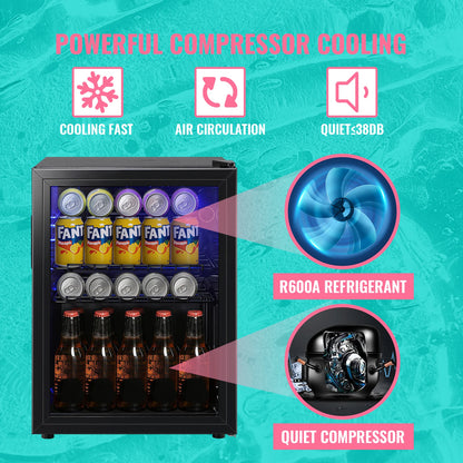 2.6 Cu.Ft Beverage Refrigerator Cooler, 100 Can Mini Fridge, Black | 32°F to 50°F, Compressor Cooling, Glass Door, 40 dB, Adjustable Temperature Control, 2 Shelves, Energy Efficient