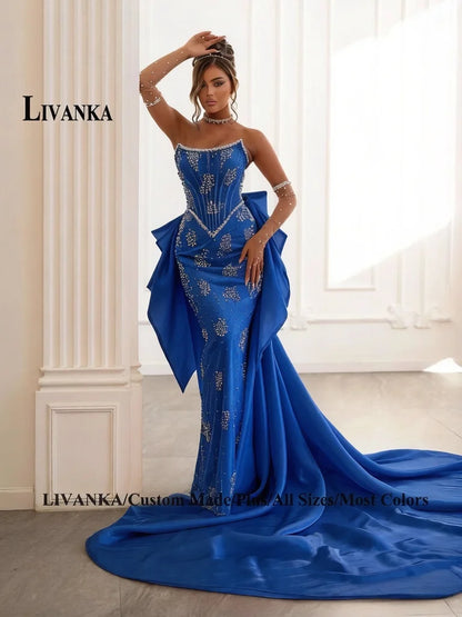 LIVANKA Exquisite Mermaid Prom Dress Rhinestones Corset Bowknot Lacing Up Strapless Royal Train Vestido De Formatura Customized