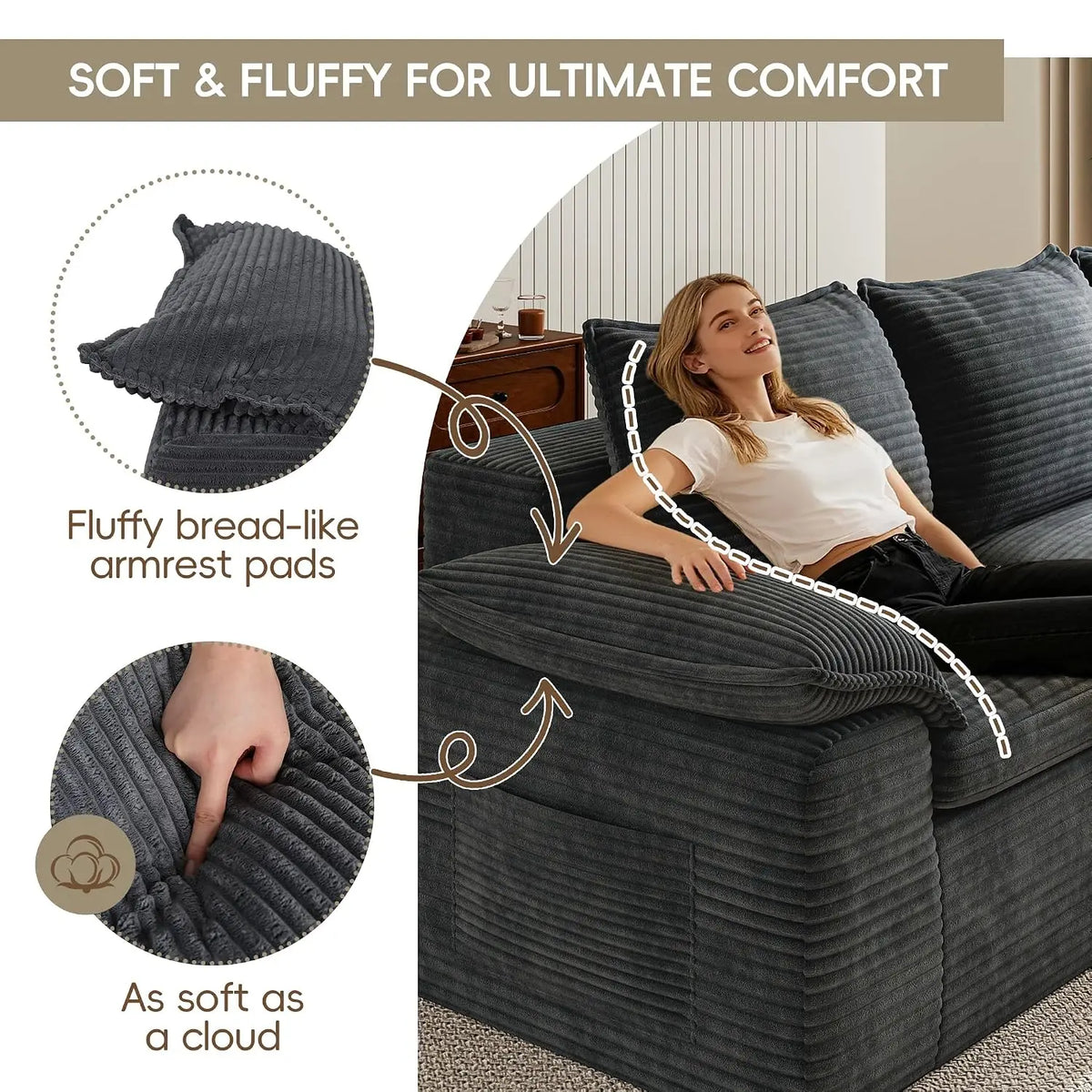 2Pcs Cloud Sectional Couch Sets, Convertible Modular Sofa. Grey | Boneless Couch, Deep Seat, Widened Armrests,, Customized