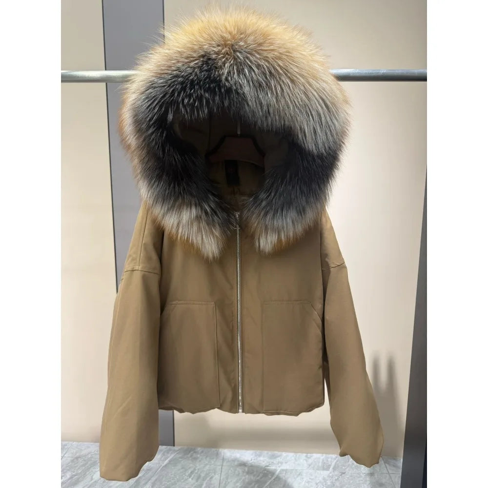 OFTBUY Real Fox Fur Collar Goose Down Jacket Women Cropped Hooded Coat Winter Warm Zipper Natural Fox Fur Thick Outerwear