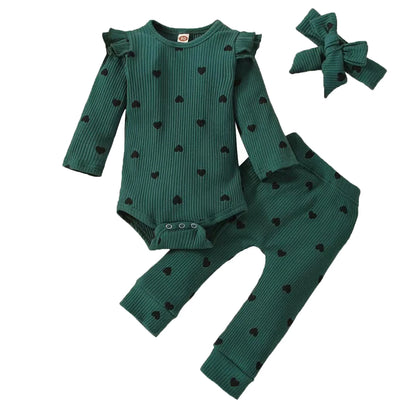 3Pcs Baby Girl Outfit Set Newborn Toddler Kids Clothing Set Baby Girls Lace Ruffles Cotton Bodysuit +Pants+Headband Clothing