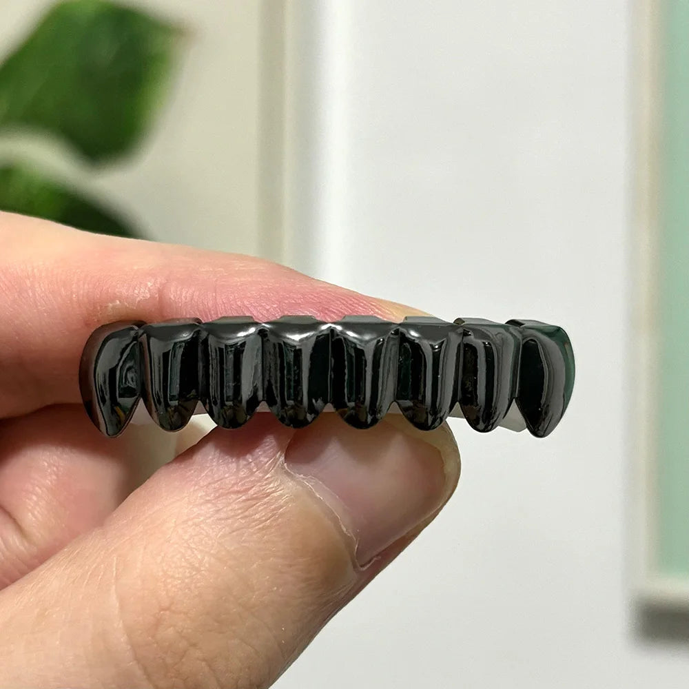 YOUNGX Top Bottom Smooth Black Color Teeth Grillz Braces Hip Hop Glossy Tooth Caps For Women Men Jewelry Wearable Dental Grills
