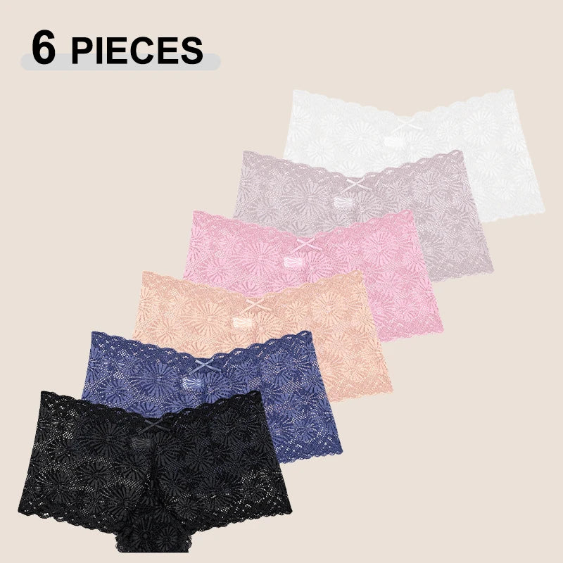 6PCS Women's Seamless Sexy Lace Perspective Boxer Shorts Solid Color Hollow Out Sunflower Bowknot Transparent Intimate Lingerie