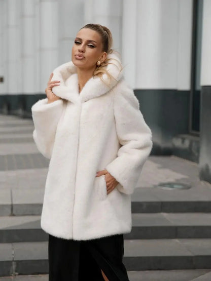 2026 Autumn Winter Women Faux Mink Fur Jacket Hooded Lapel Collar Open Front Mid Long Fluffy Coat