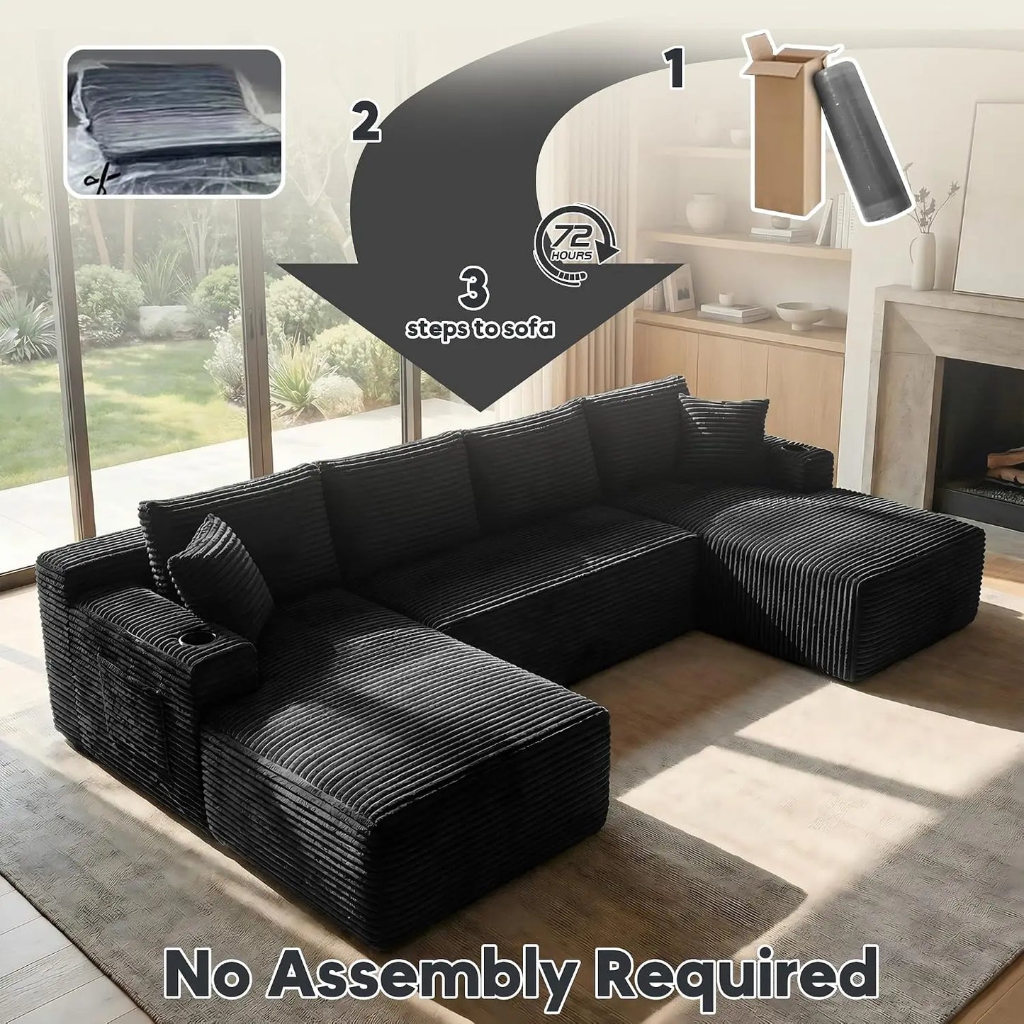 125" Oversized Cloud Boneless Couch with Chaise, Modern Modular Sofa with Deep Seat, Corduroy Upholstered U Shaped, Customized